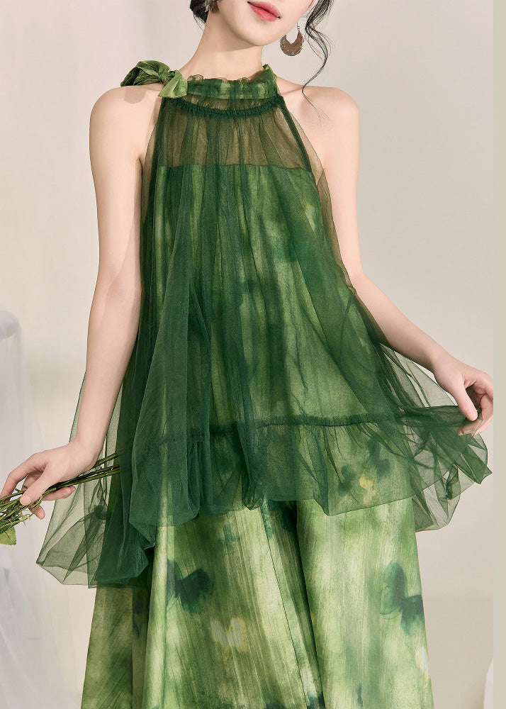 Halter Smocked Ruffle Neck Sheer Tulle Butterfly Print Layered Maxi Dress 4
