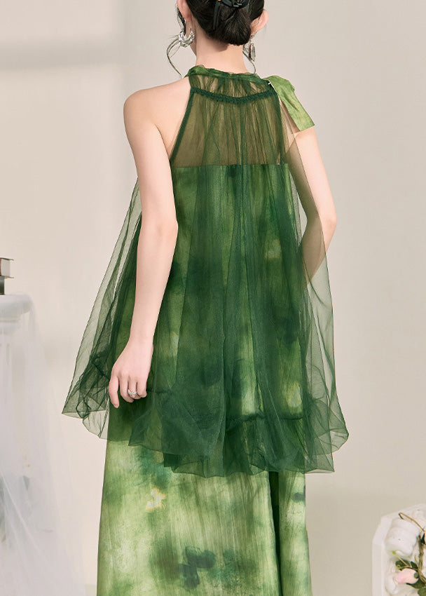 Halter Smocked Ruffle Neck Sheer Tulle Butterfly Print Layered Maxi Dress 5