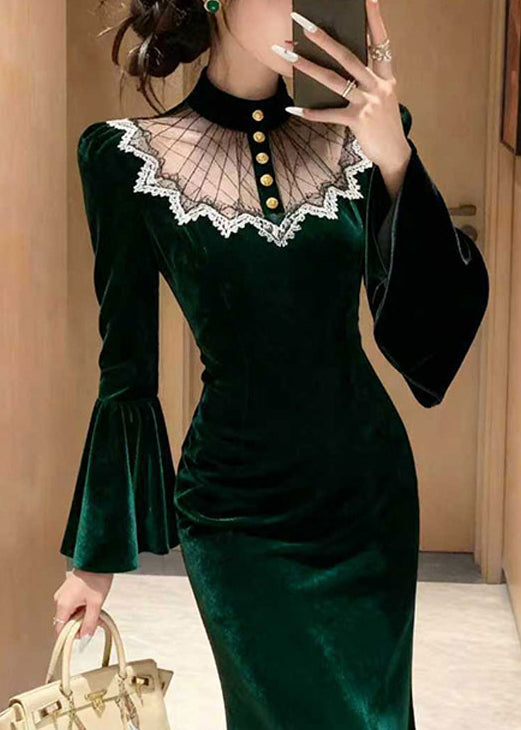 High Neck Sheer Mesh Lace Trim Bell Sleeve Mermaid Velvet Maxi Gown 2