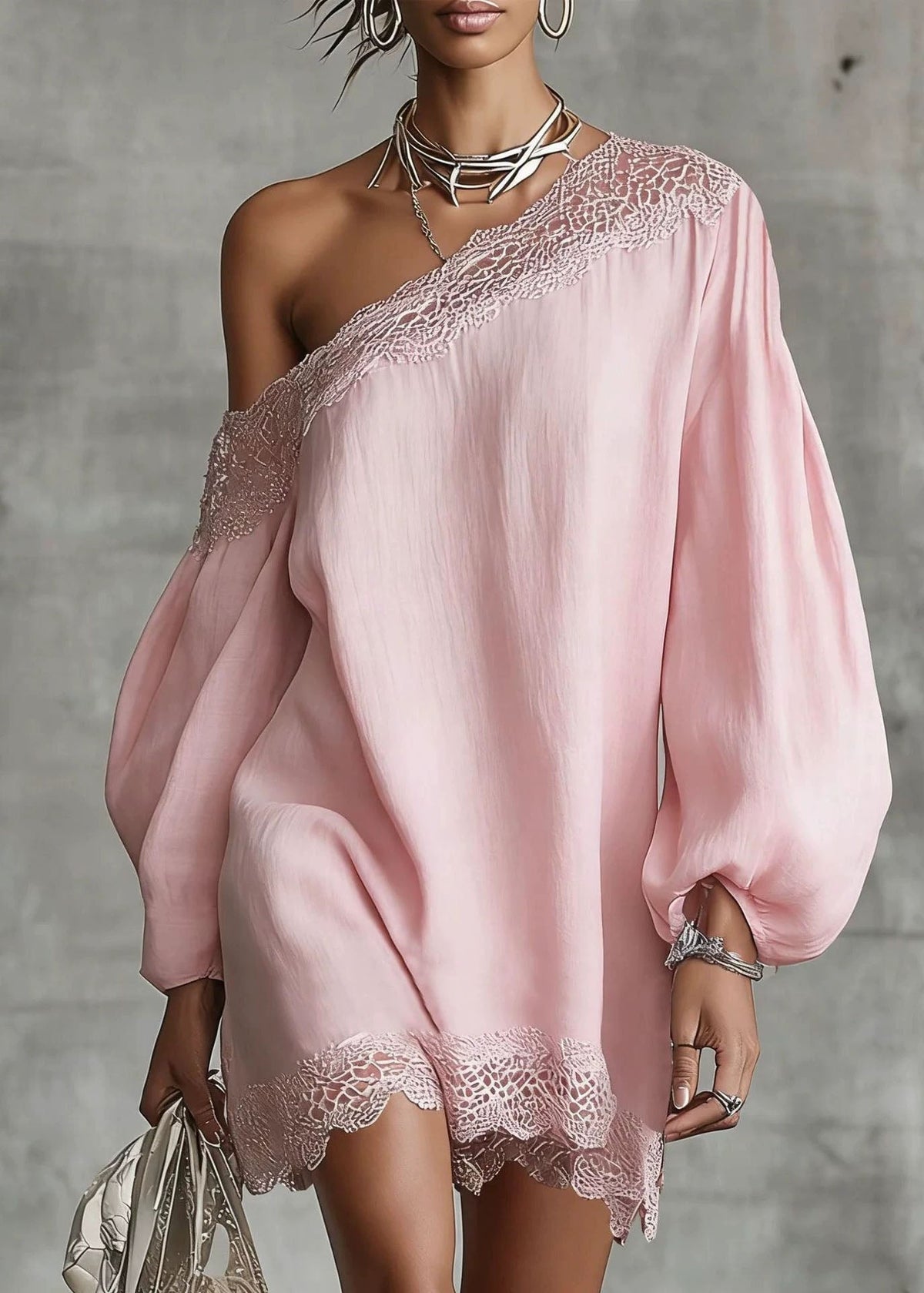 One Shoulder Lace Trim Balloon Sleeve Mini Dress