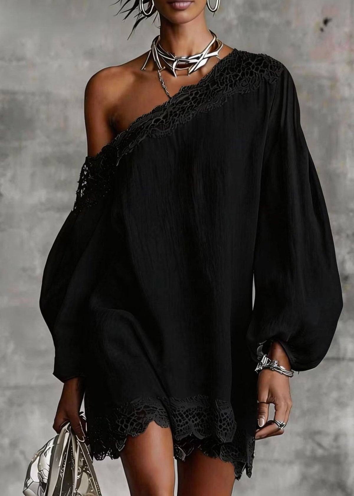One Shoulder Lace Trim Balloon Sleeve Mini Dress 3