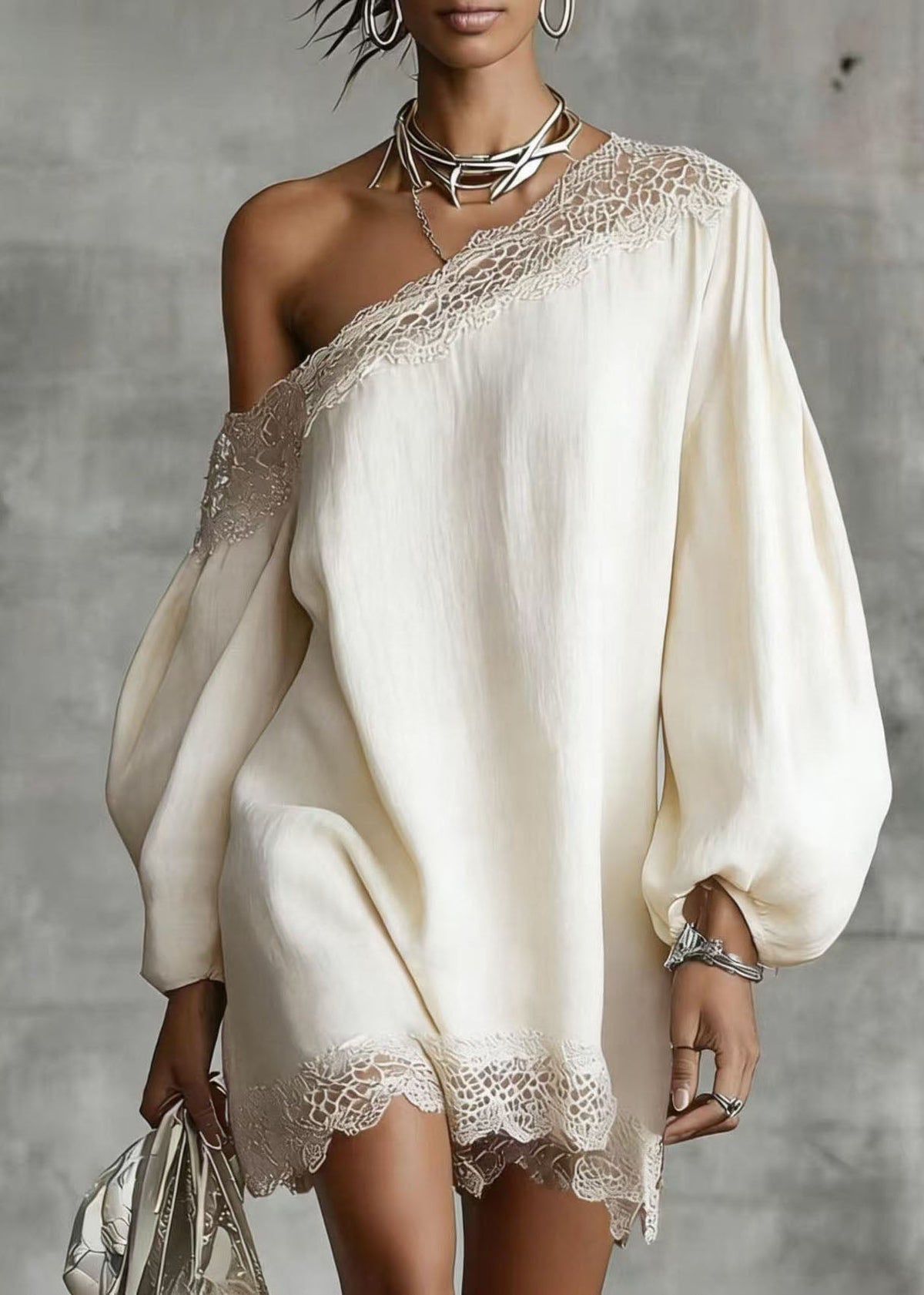 One Shoulder Lace Trim Balloon Sleeve Mini Dress 4