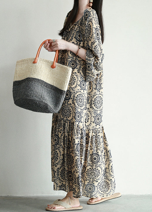 Mandala Print Lace-Up Tiered Long Sleeve Maxi Dress