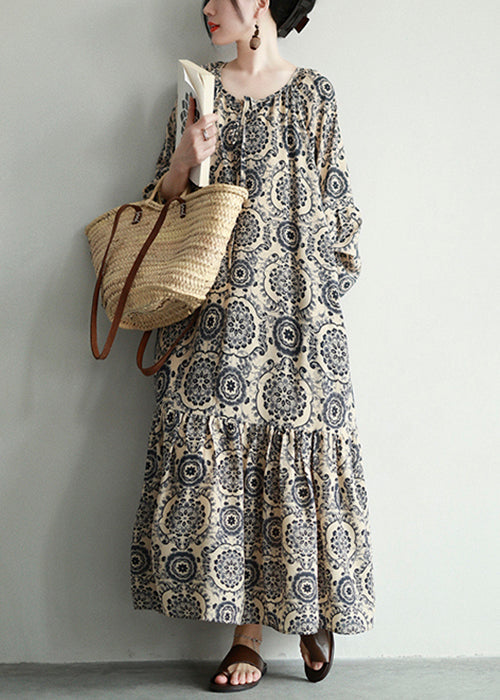 Mandala Print Lace-Up Tiered Long Sleeve Maxi Dress 2