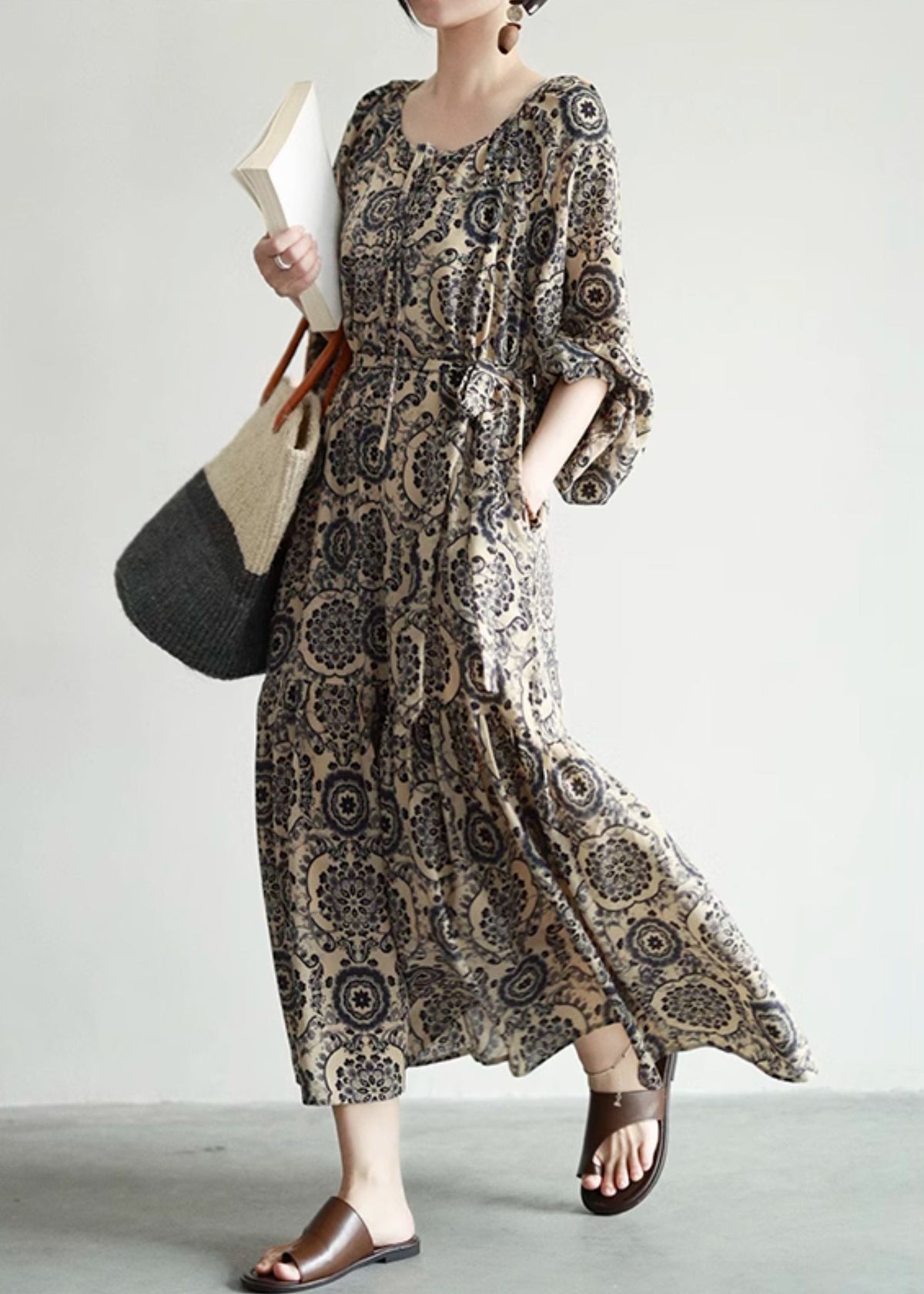 Mandala Print Lace-Up Tiered Long Sleeve Maxi Dress 3
