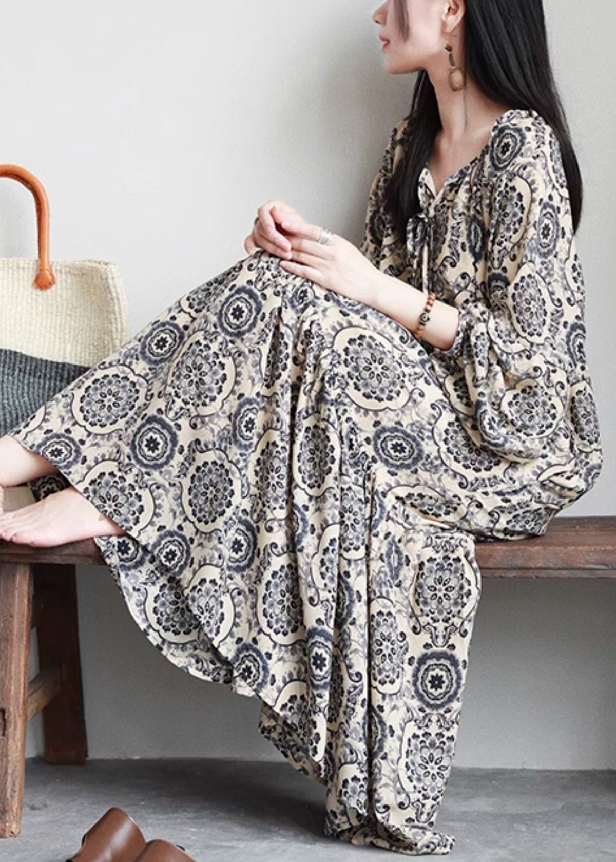 Mandala Print Lace-Up Tiered Long Sleeve Maxi Dress 4