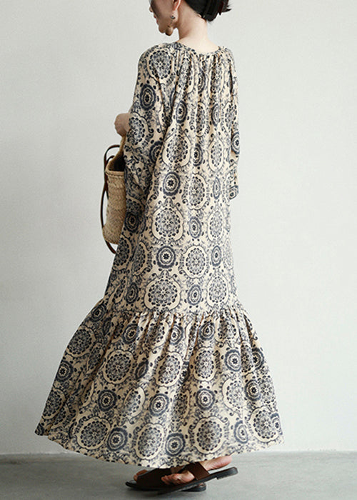 Mandala Print Lace-Up Tiered Long Sleeve Maxi Dress 5