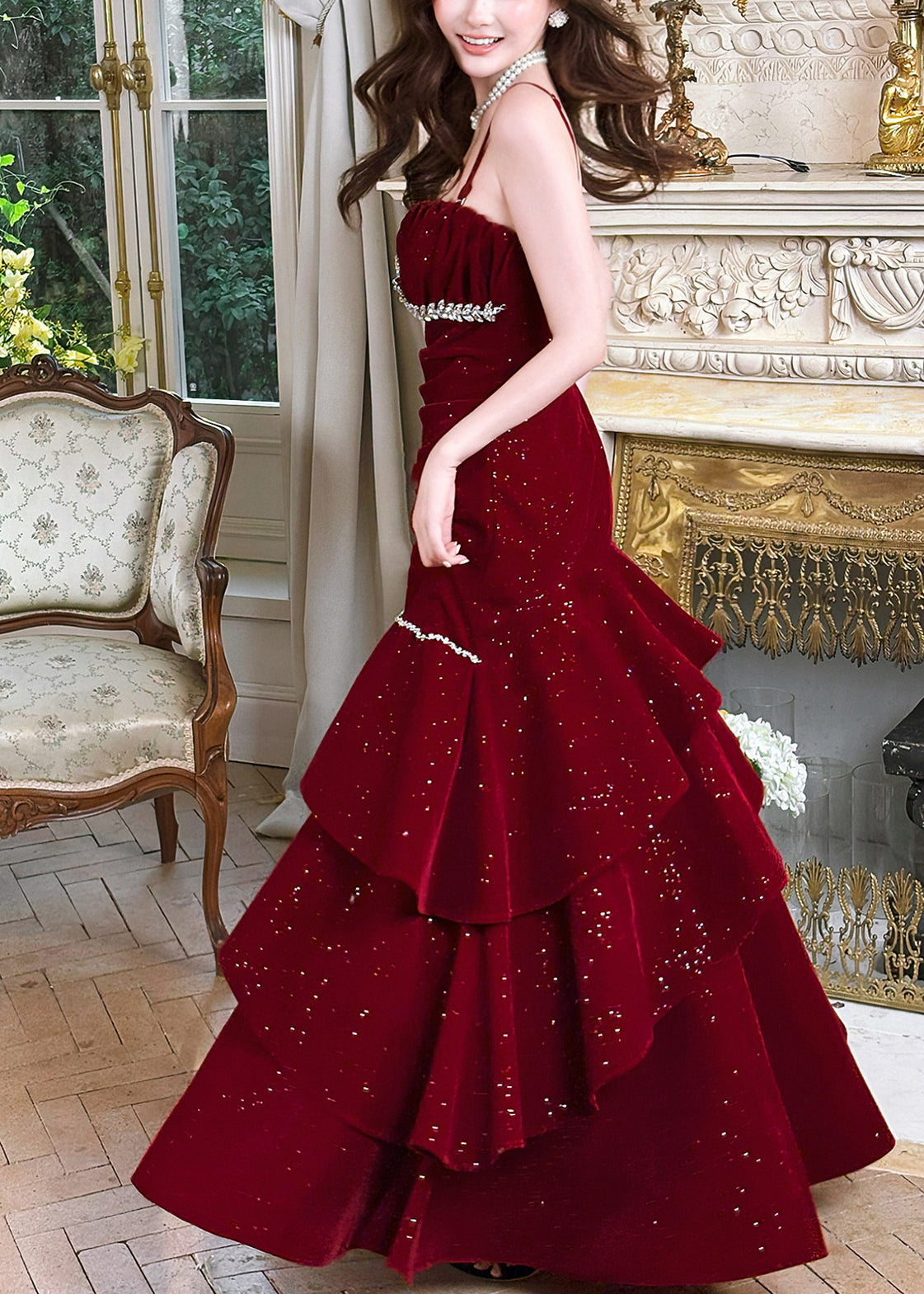 Rhinestone Strap Tiered Ruffle Velvet Mermaid Maxi Gown