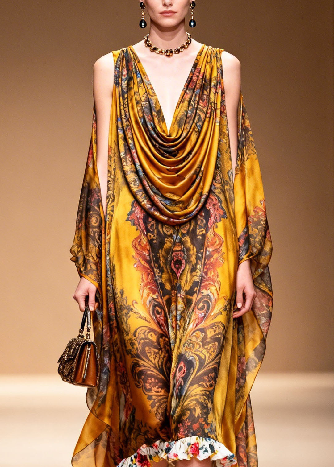 Cowl Neck Cape Sleeve Baroque Print Contrast Floral Ruffle Hem Gown 2