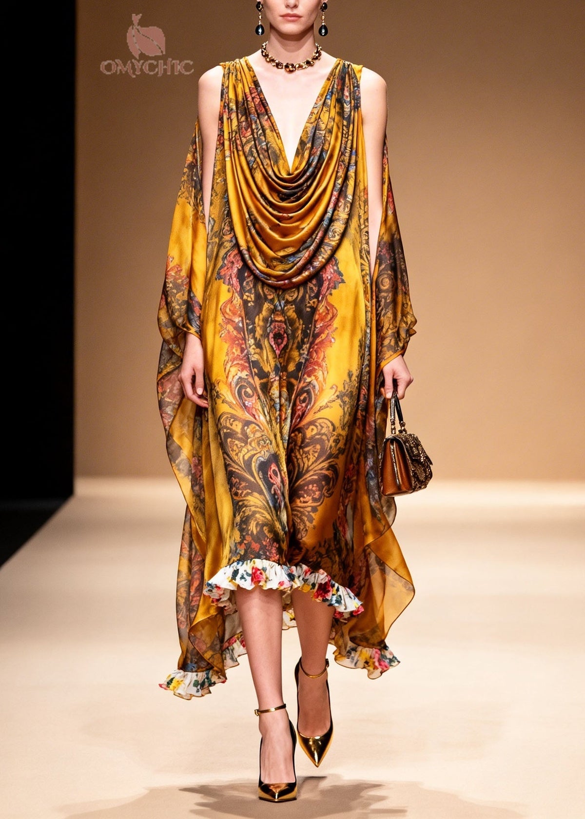 Cowl Neck Cape Sleeve Baroque Print Contrast Floral Ruffle Hem Gown 3
