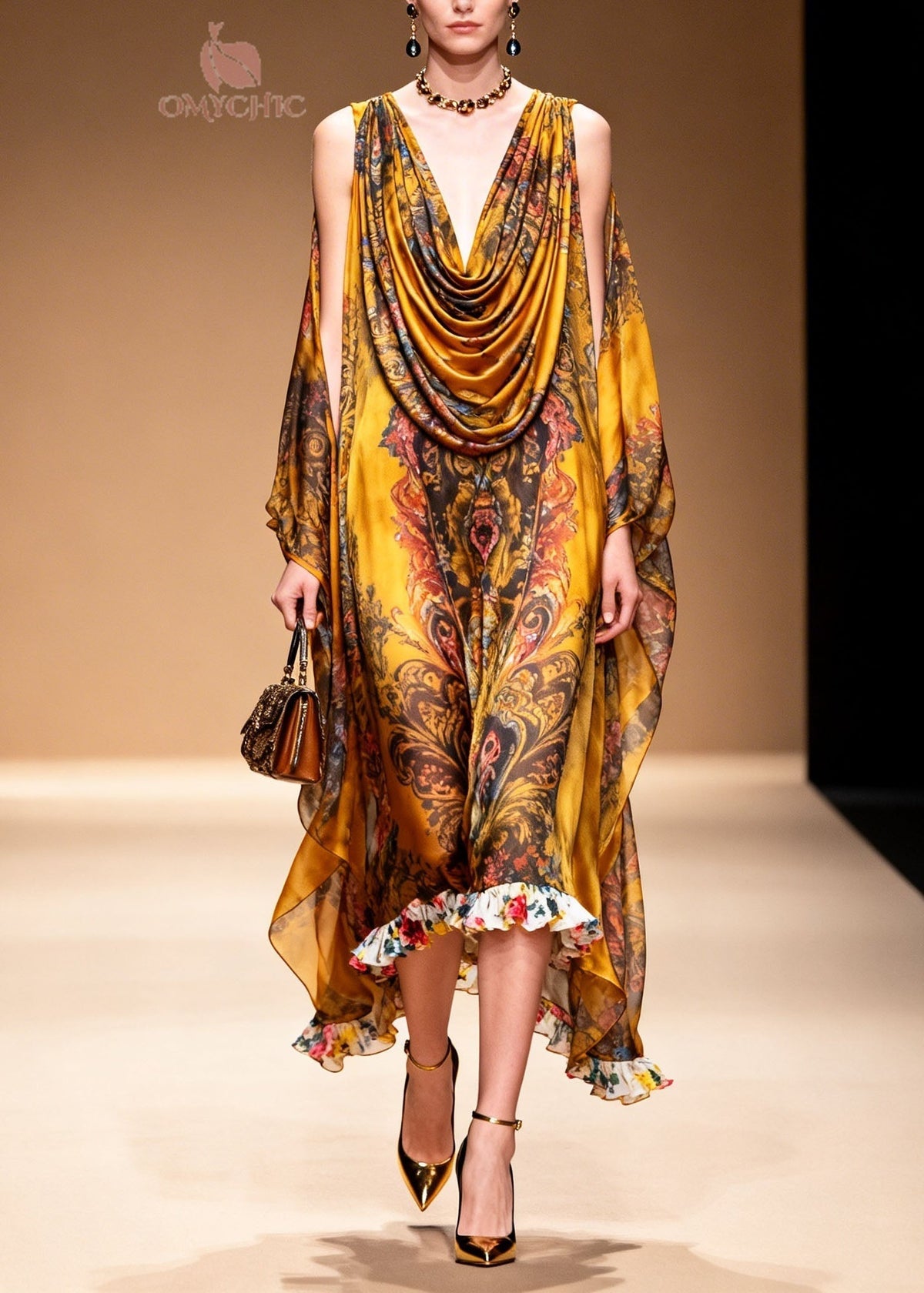 Cowl Neck Cape Sleeve Baroque Print Contrast Floral Ruffle Hem Gown 4