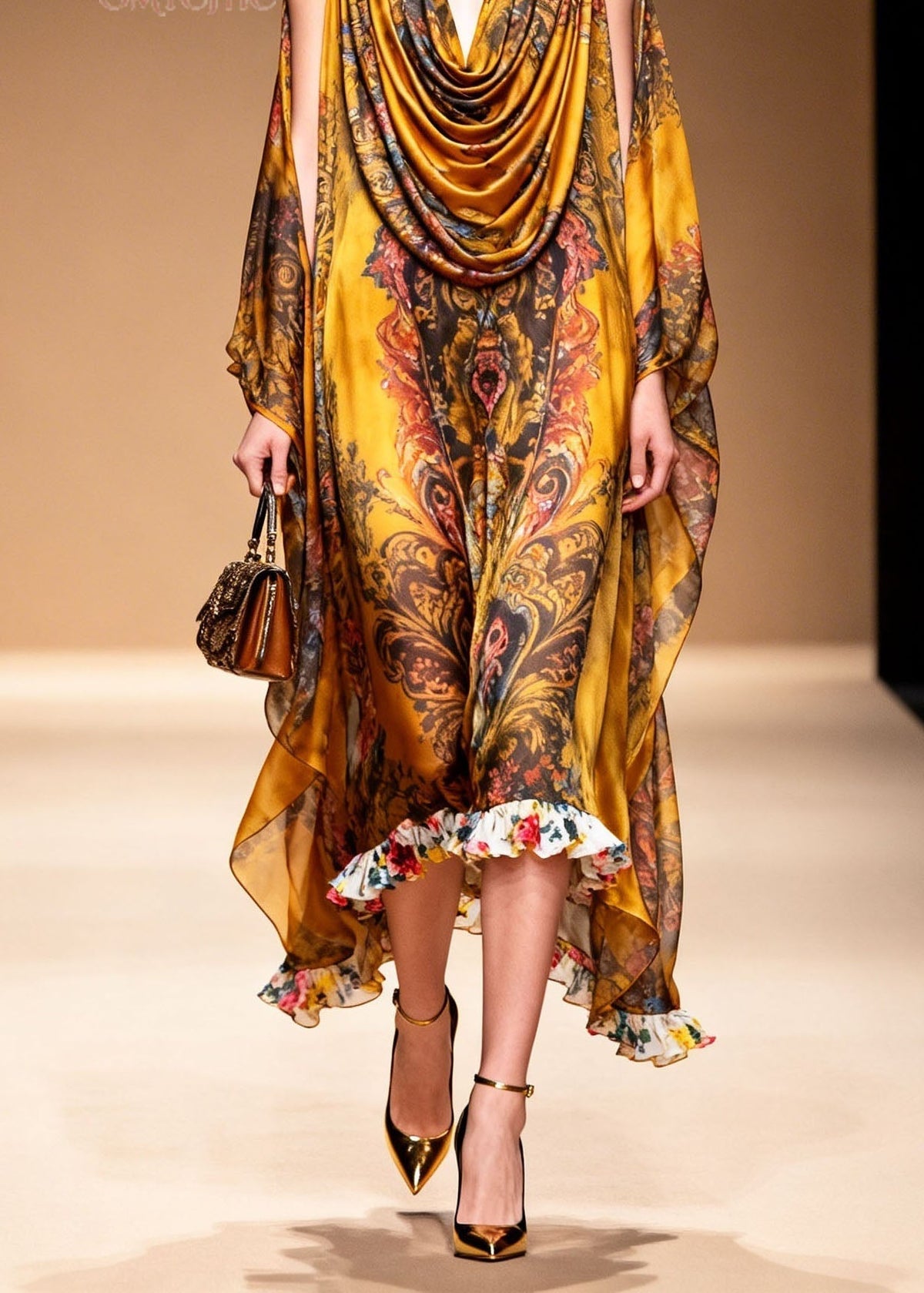 Cowl Neck Cape Sleeve Baroque Print Contrast Floral Ruffle Hem Gown 5