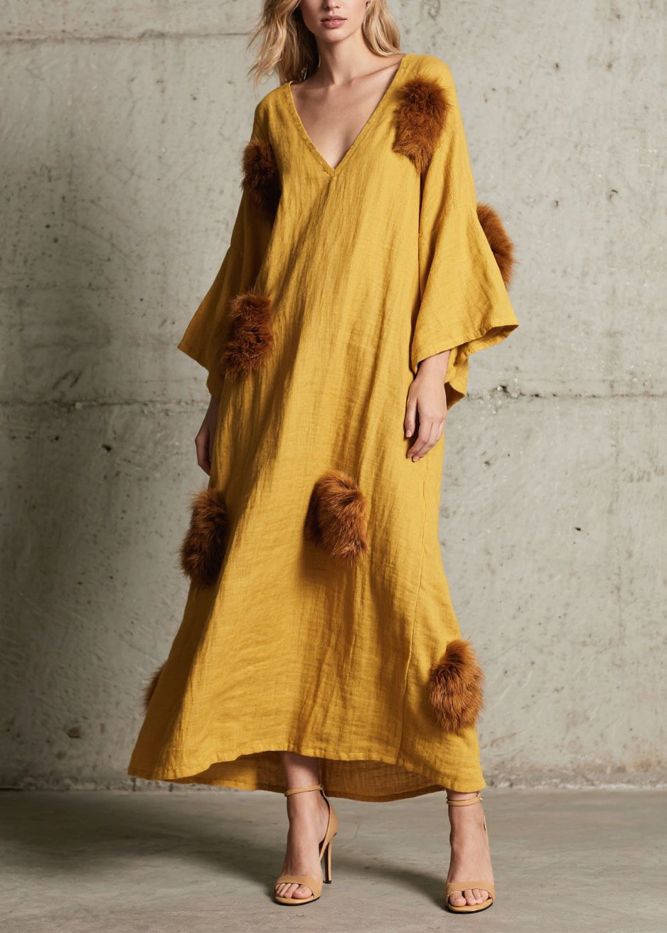 Deep V-Neck Bell Sleeve Faux Fur Pom-Pom Crinkled Gauze Maxi Dress