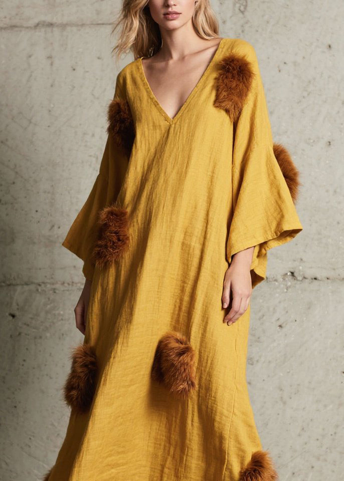 Deep V-Neck Bell Sleeve Faux Fur Pom-Pom Crinkled Gauze Maxi Dress 2
