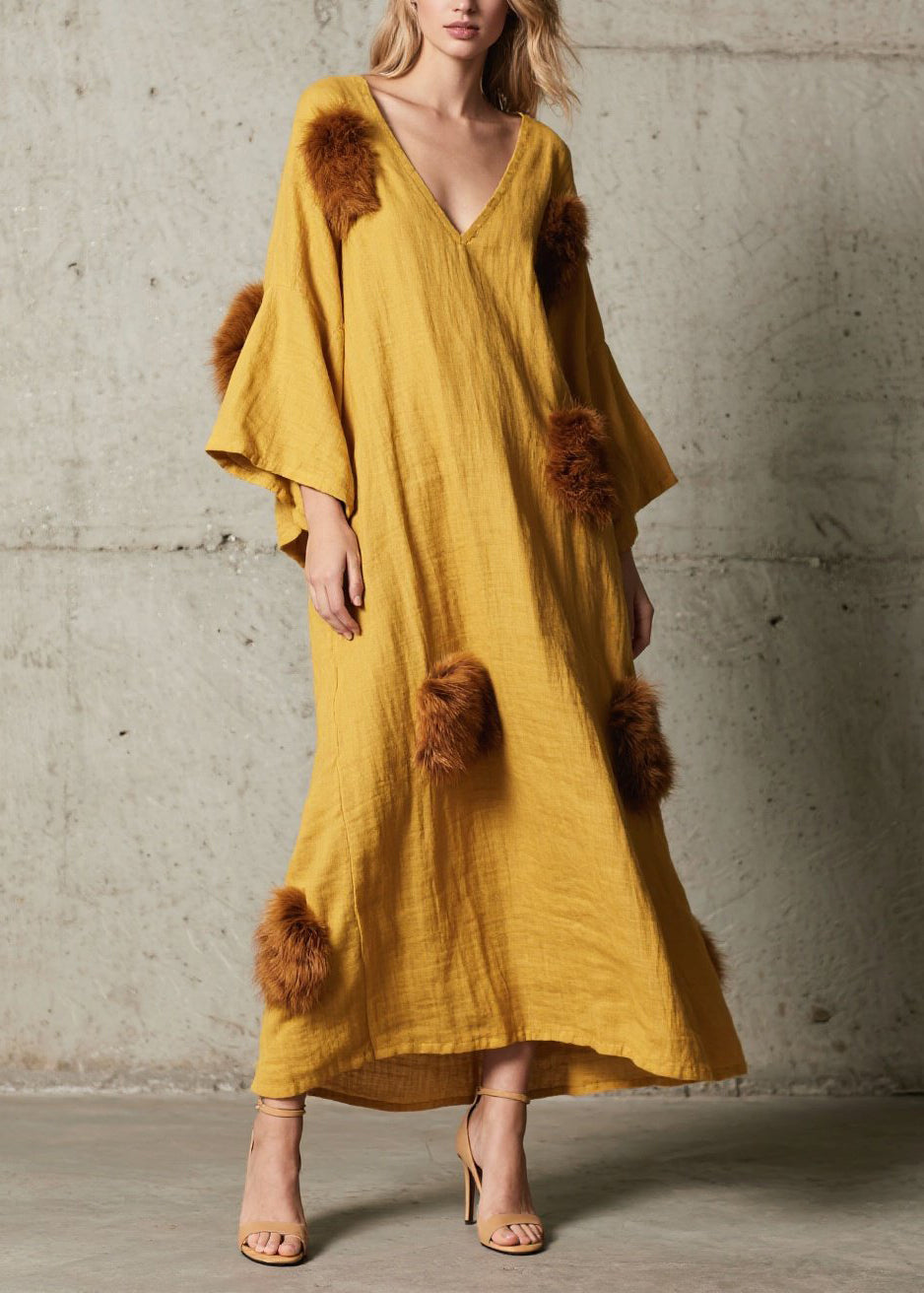 Deep V-Neck Bell Sleeve Faux Fur Pom-Pom Crinkled Gauze Maxi Dress 3