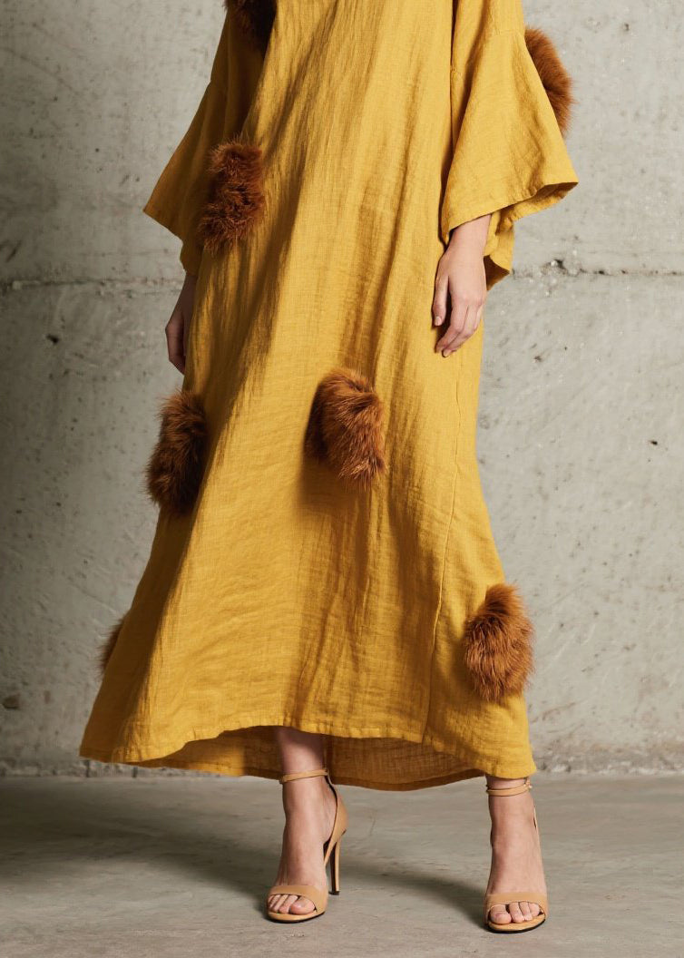 Deep V-Neck Bell Sleeve Faux Fur Pom-Pom Crinkled Gauze Maxi Dress 4
