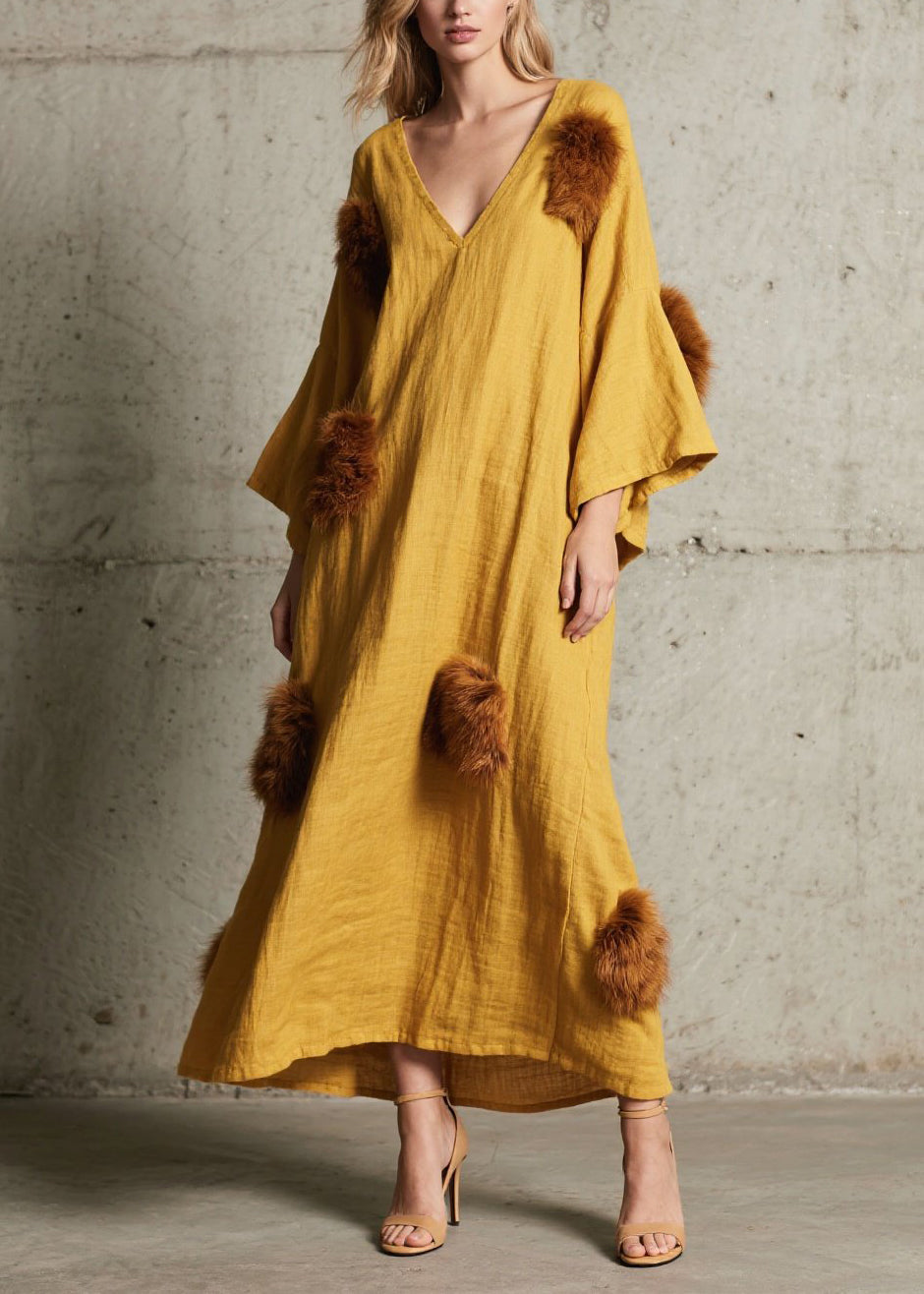 Deep V-Neck Bell Sleeve Faux Fur Pom-Pom Crinkled Gauze Maxi Dress 5