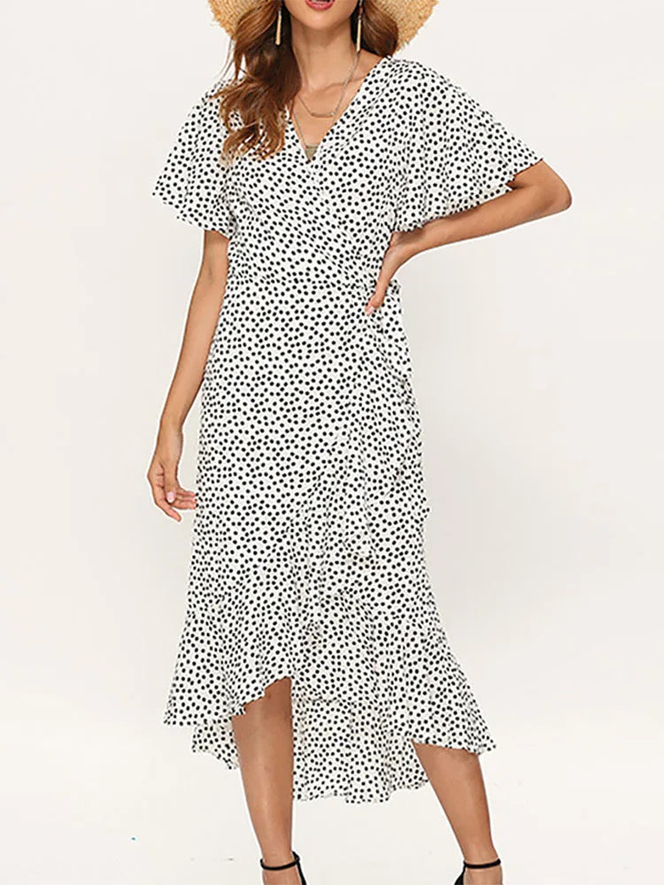 Ditsy Floral Wrap Flutter Sleeve High Low Hem Midi Dress 9