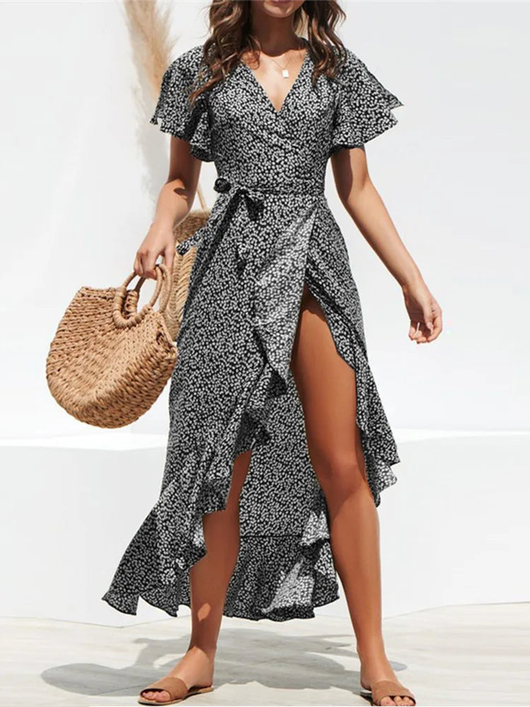 Ditsy Floral Wrap Flutter Sleeve High Low Hem Midi Dress 5