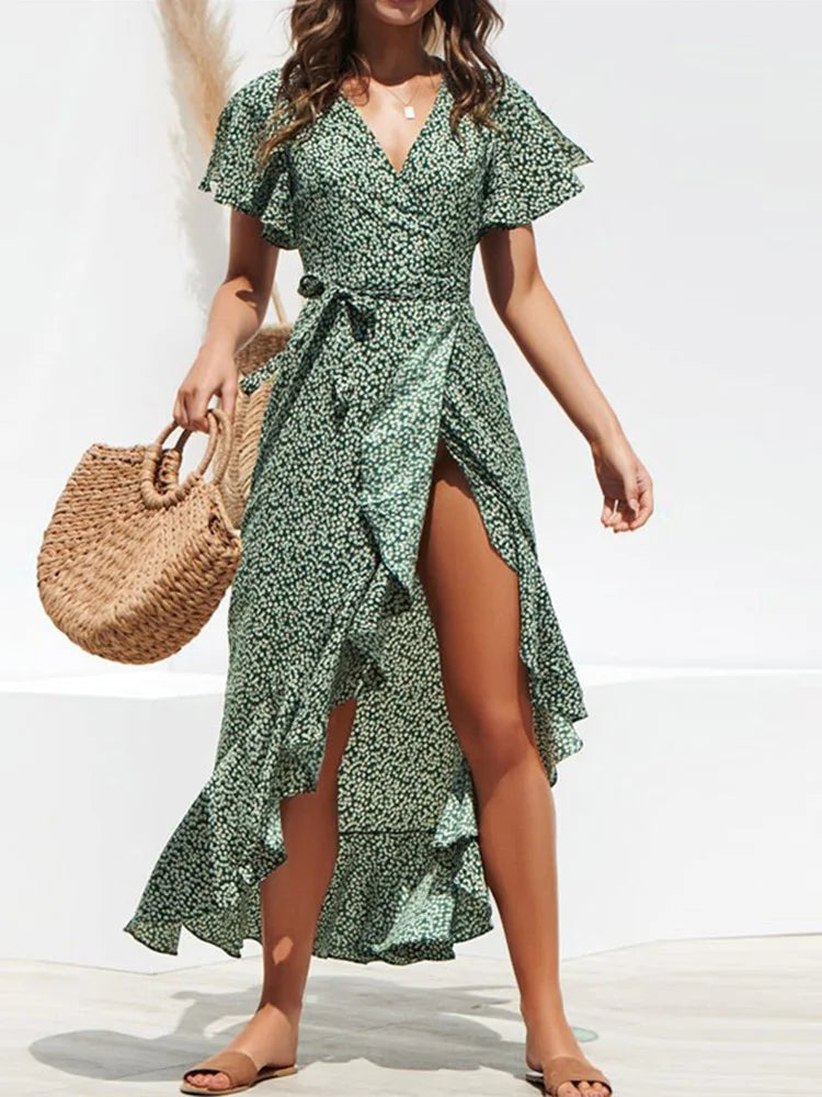 Ditsy Floral Wrap Flutter Sleeve High Low Hem Midi Dress 2