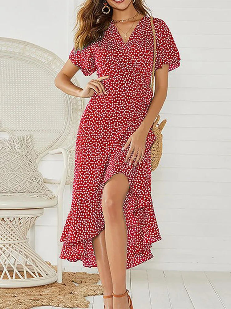 Ditsy Floral Wrap Flutter Sleeve High Low Hem Midi Dress 8