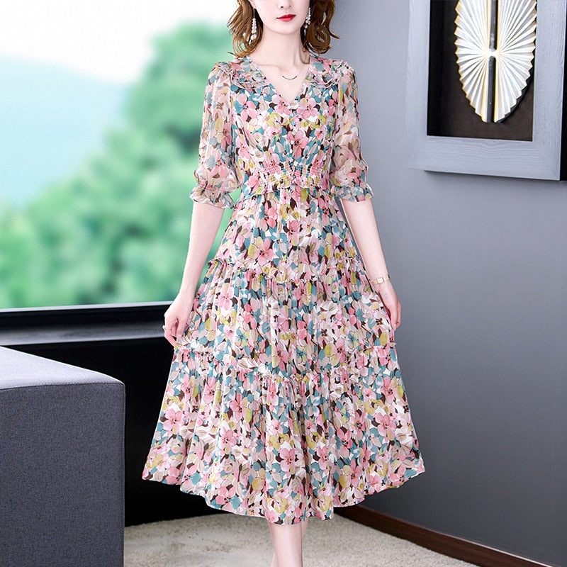 V-Neck Ruffle Trim Puff Sleeve Smocked Waist Tiered Floral Midi Dress 3