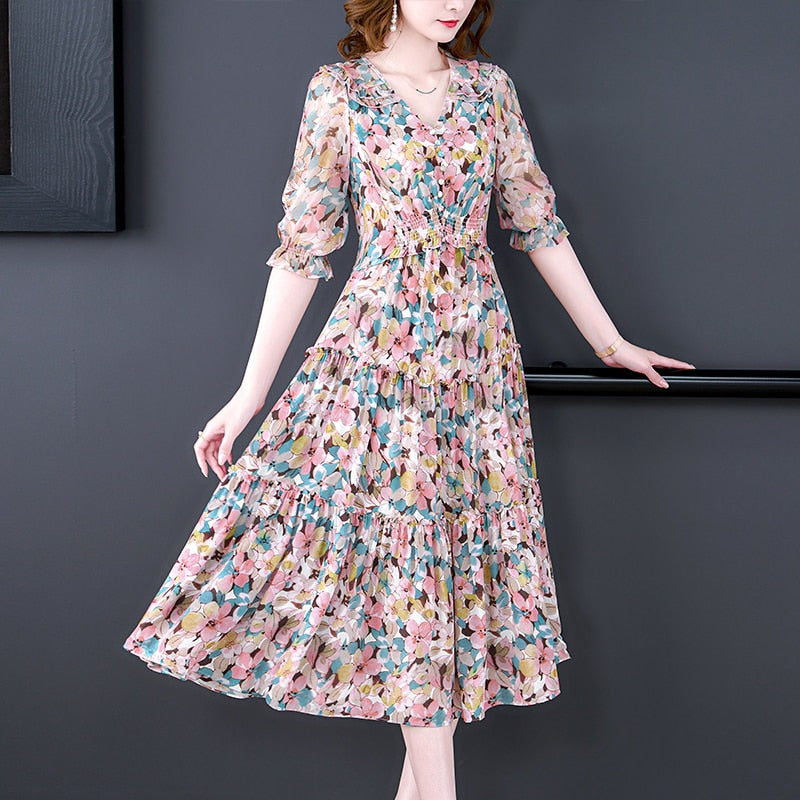 V-Neck Ruffle Trim Puff Sleeve Smocked Waist Tiered Floral Midi Dress 4