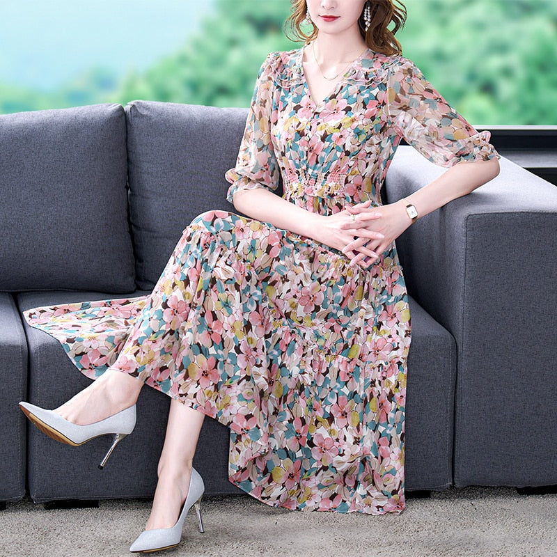 V-Neck Ruffle Trim Puff Sleeve Smocked Waist Tiered Floral Midi Dress 2