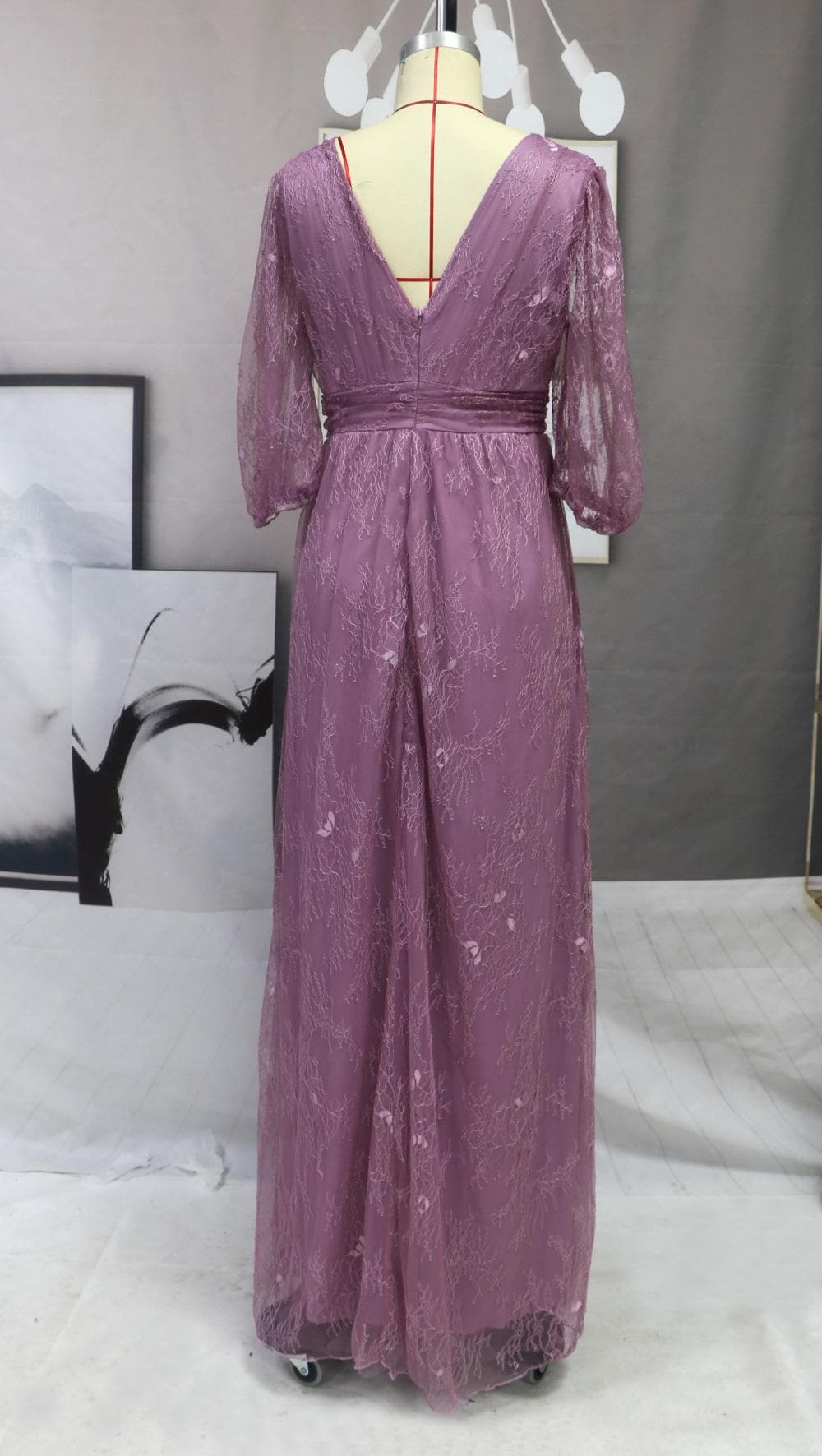 Deep V-Neck Puff Sleeve Waistband High Slit Sheer Overlay Maxi Gown 3