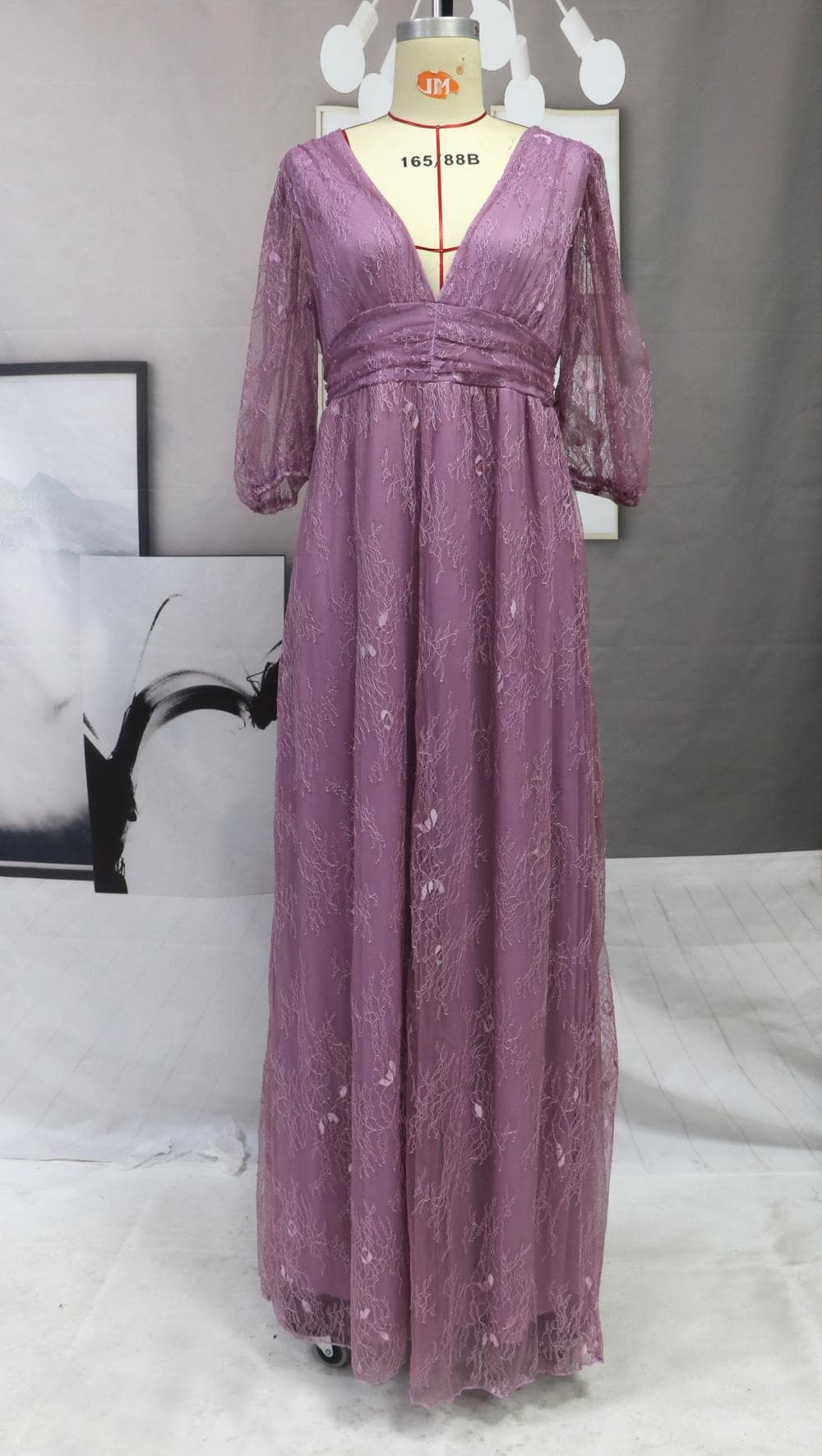 Deep V-Neck Puff Sleeve Waistband High Slit Sheer Overlay Maxi Gown 4