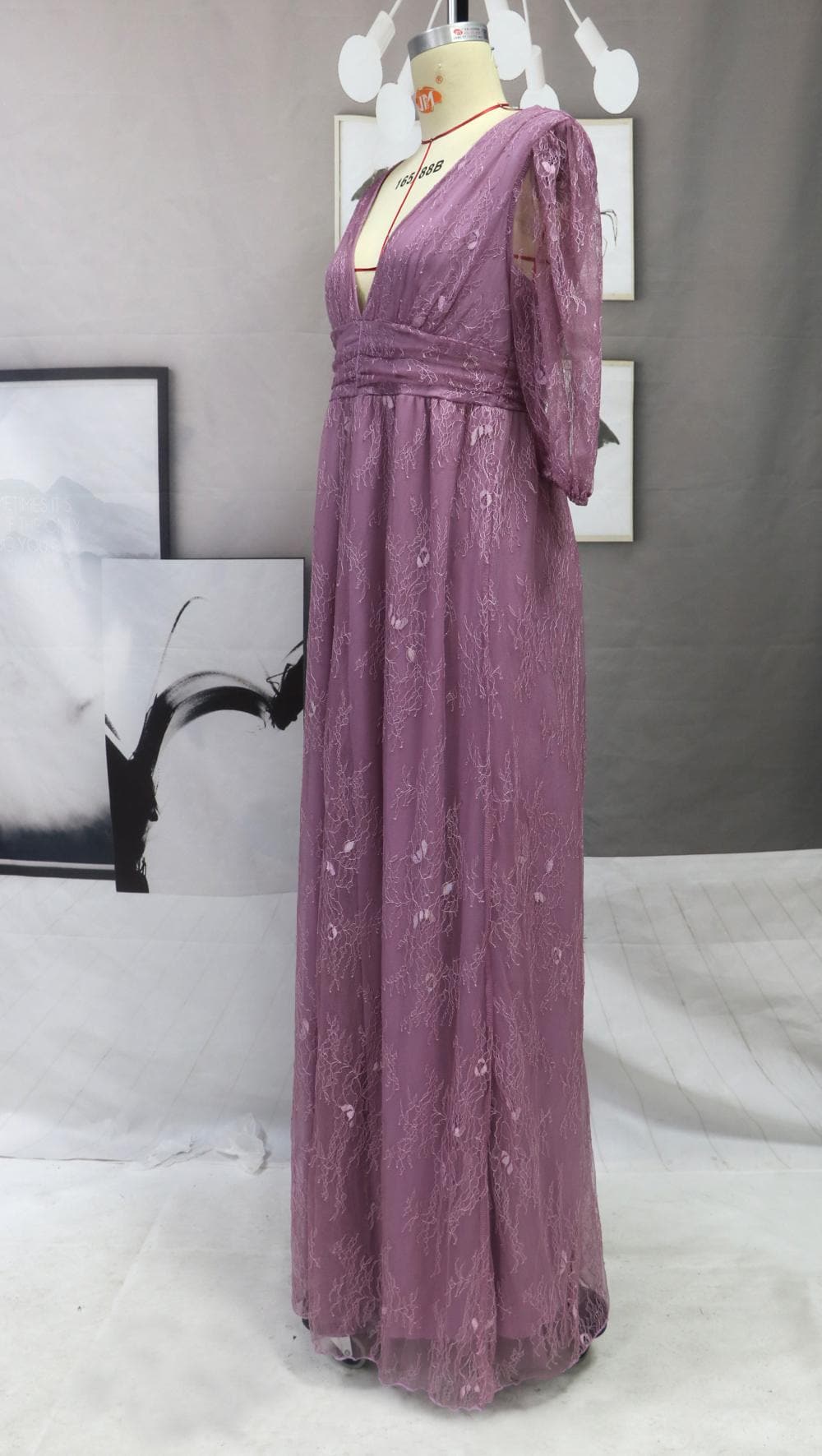 Deep V-Neck Puff Sleeve Waistband High Slit Sheer Overlay Maxi Gown 5