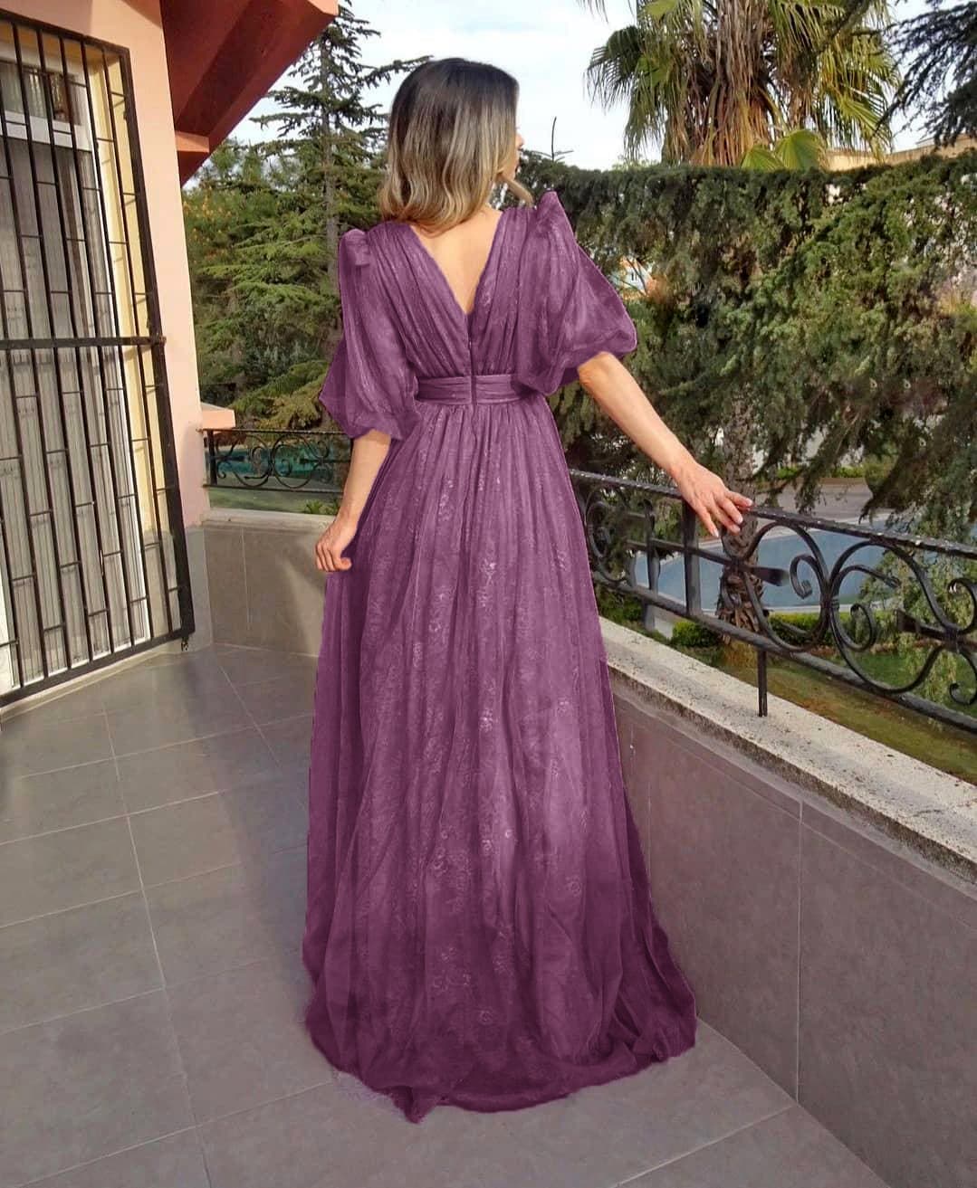 Deep V-Neck Puff Sleeve Waistband High Slit Sheer Overlay Maxi Gown 2