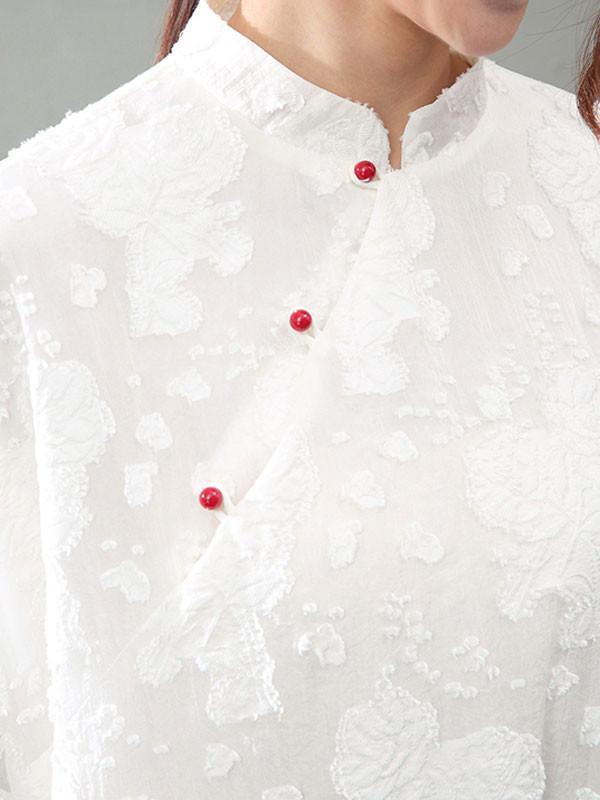 Mandarin Collar Floral Jacquard Three Quarter Sleeve Babydoll Maxi Dress 4