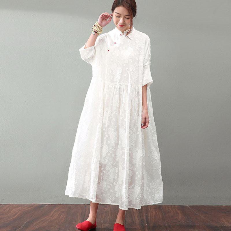 Mandarin Collar Floral Jacquard Three Quarter Sleeve Babydoll Maxi Dress 3