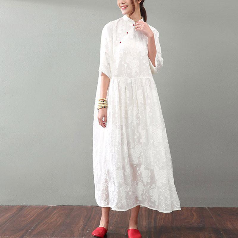 Mandarin Collar Floral Jacquard Three Quarter Sleeve Babydoll Maxi Dress 5