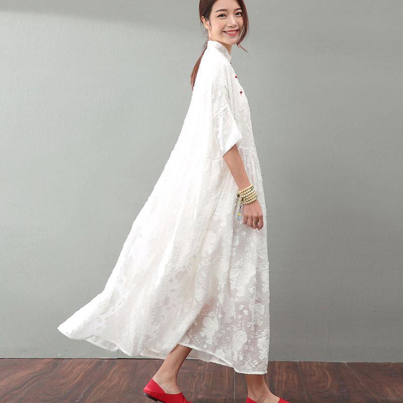 Mandarin Collar Floral Jacquard Three Quarter Sleeve Babydoll Maxi Dress 2