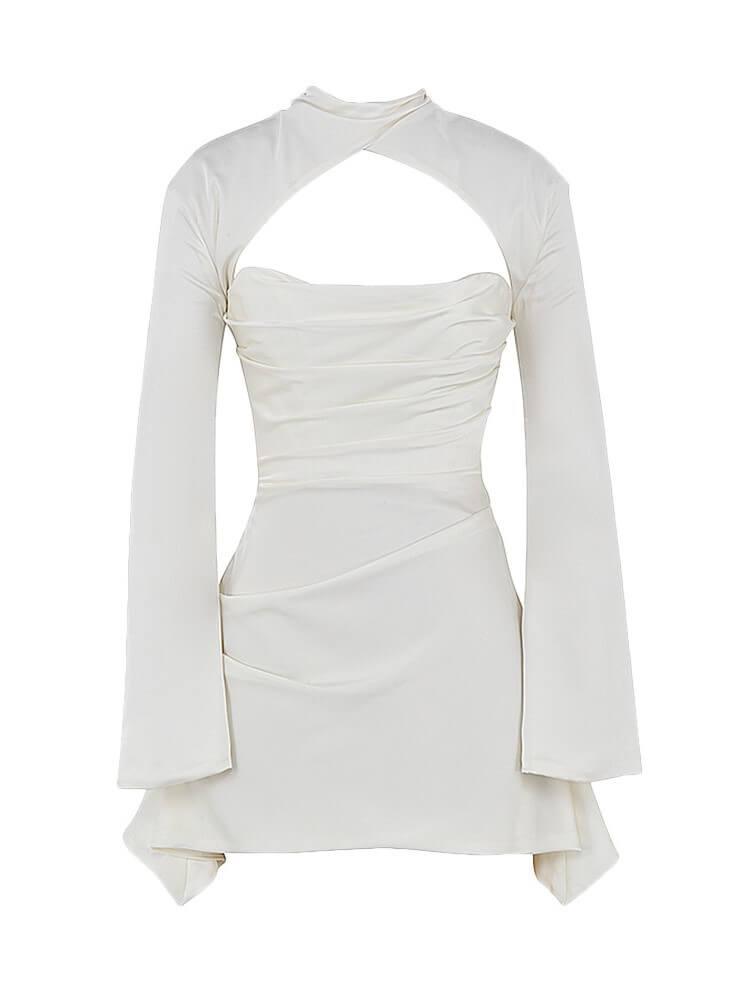 Mock Neck Asymmetrical Cutout Bell Cuff Draped Wrap Satin Mini Dress 6