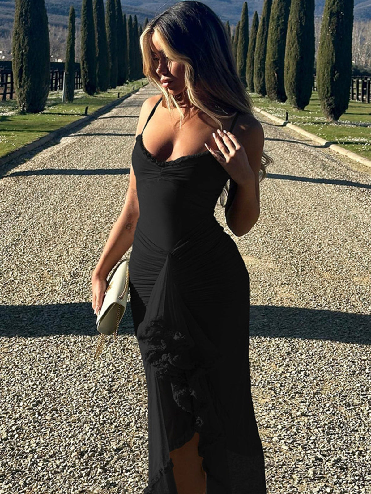Sweetheart Ruched Chiffon Tiered Ruffle Asymmetrical Hem Maxi Dress 19