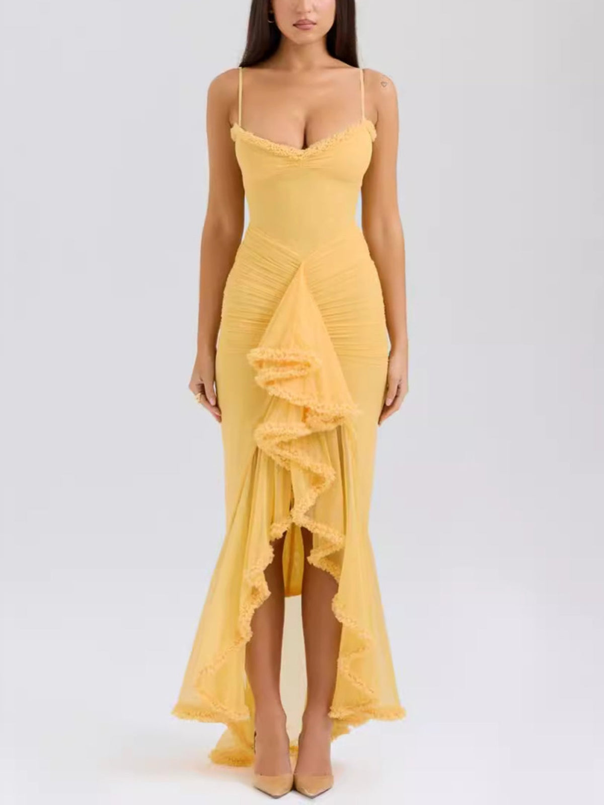 Sweetheart Ruched Chiffon Tiered Ruffle Asymmetrical Hem Maxi Dress 16