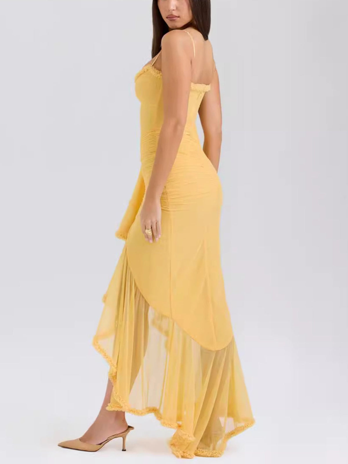 Sweetheart Ruched Chiffon Tiered Ruffle Asymmetrical Hem Maxi Dress 2