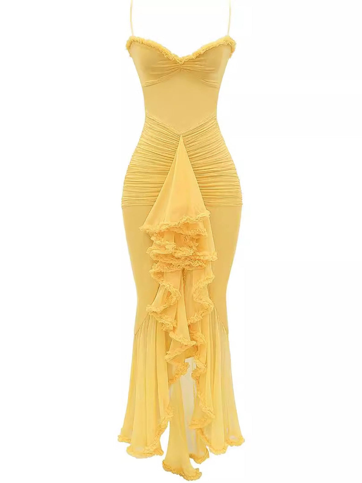 Sweetheart Ruched Chiffon Tiered Ruffle Asymmetrical Hem Maxi Dress 3