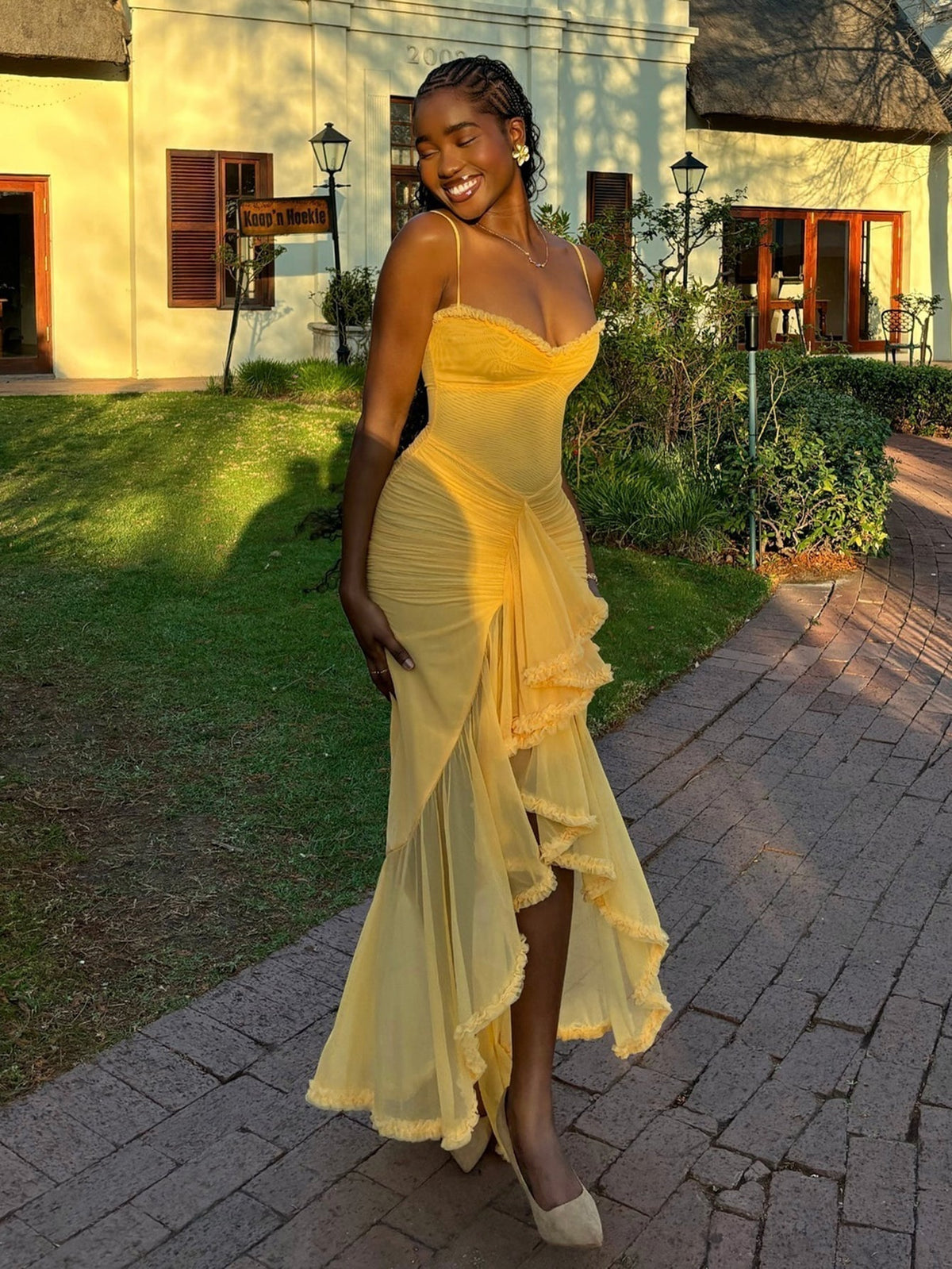 Sweetheart Ruched Chiffon Tiered Ruffle Asymmetrical Hem Maxi Dress 15