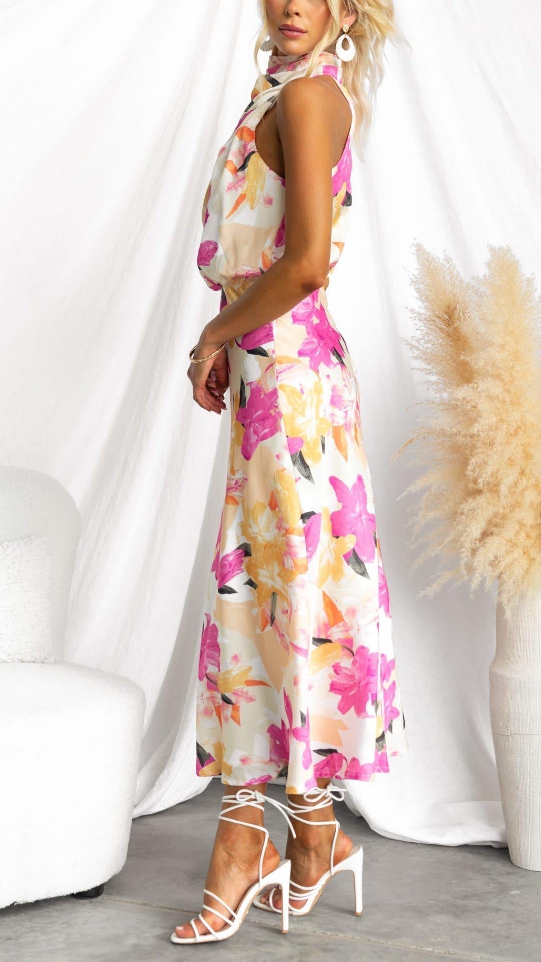Halter High Neck Waist Cutout Tropical Floral Satin Maxi Gown 5