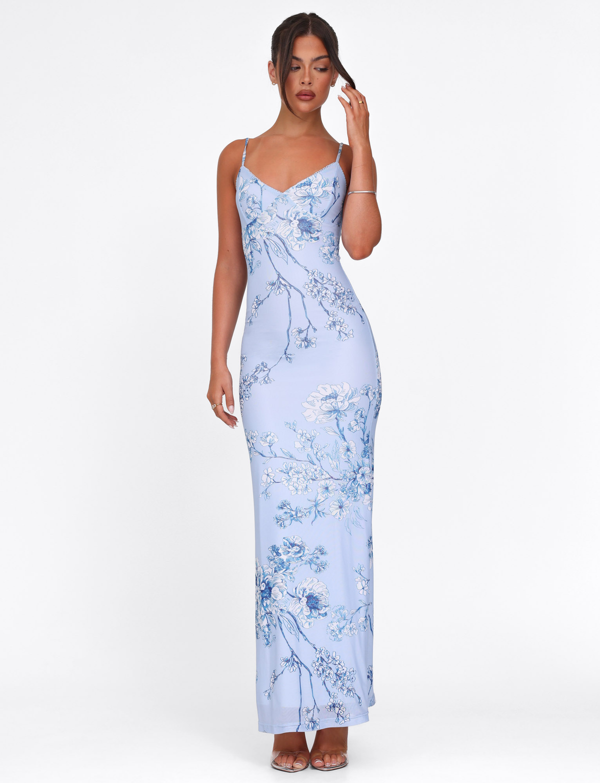 Spaghetti Strap Chinoiserie Floral Print Bodycon Maxi Dress 2