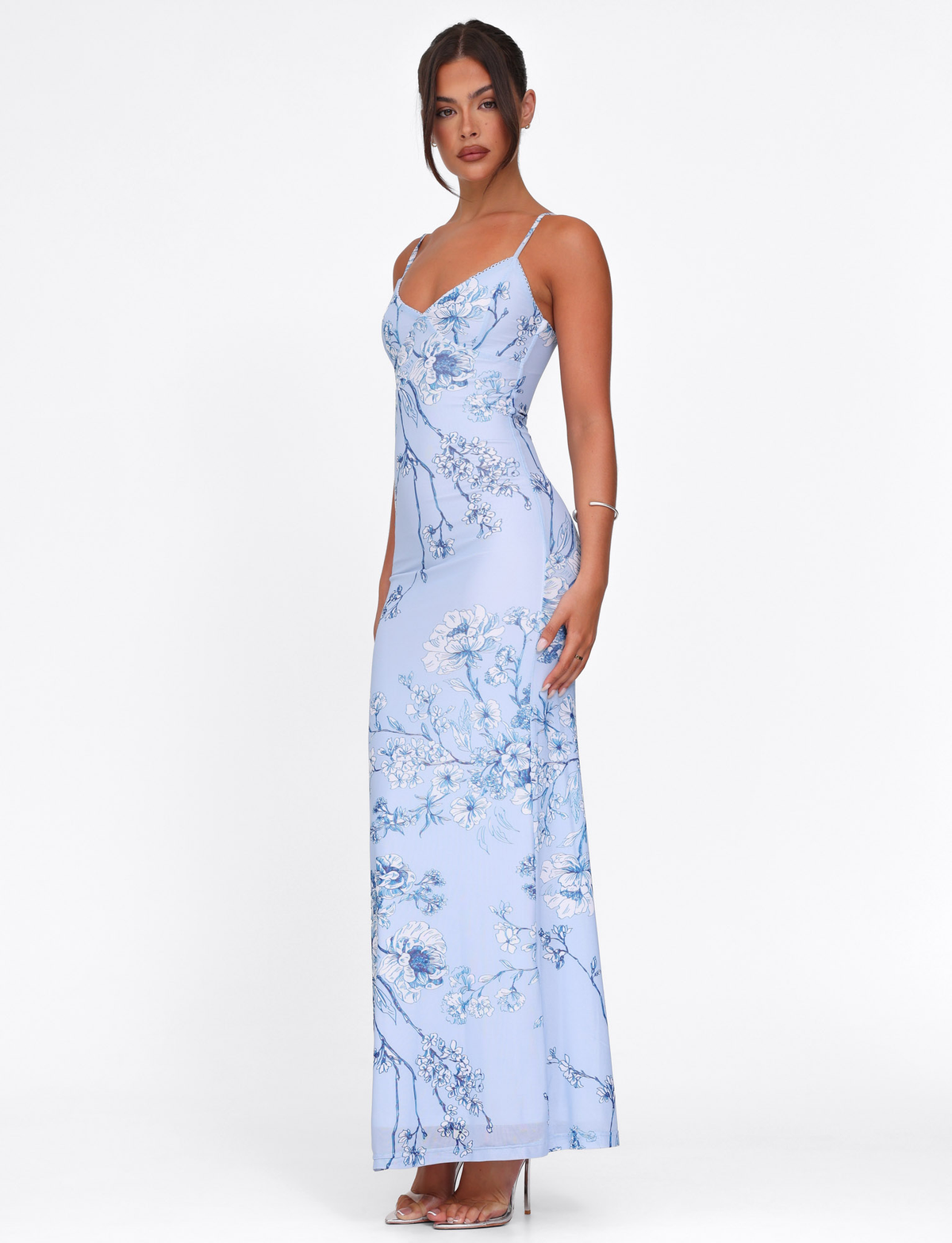 Spaghetti Strap Chinoiserie Floral Print Bodycon Maxi Dress 5