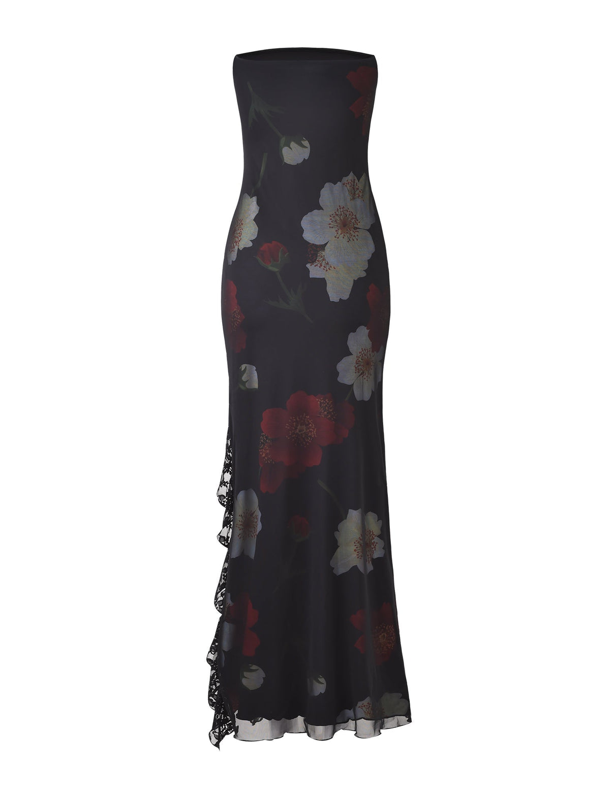 Strapless Floral Mesh Lace Trim High Slit Bodycon Maxi Dress 8
