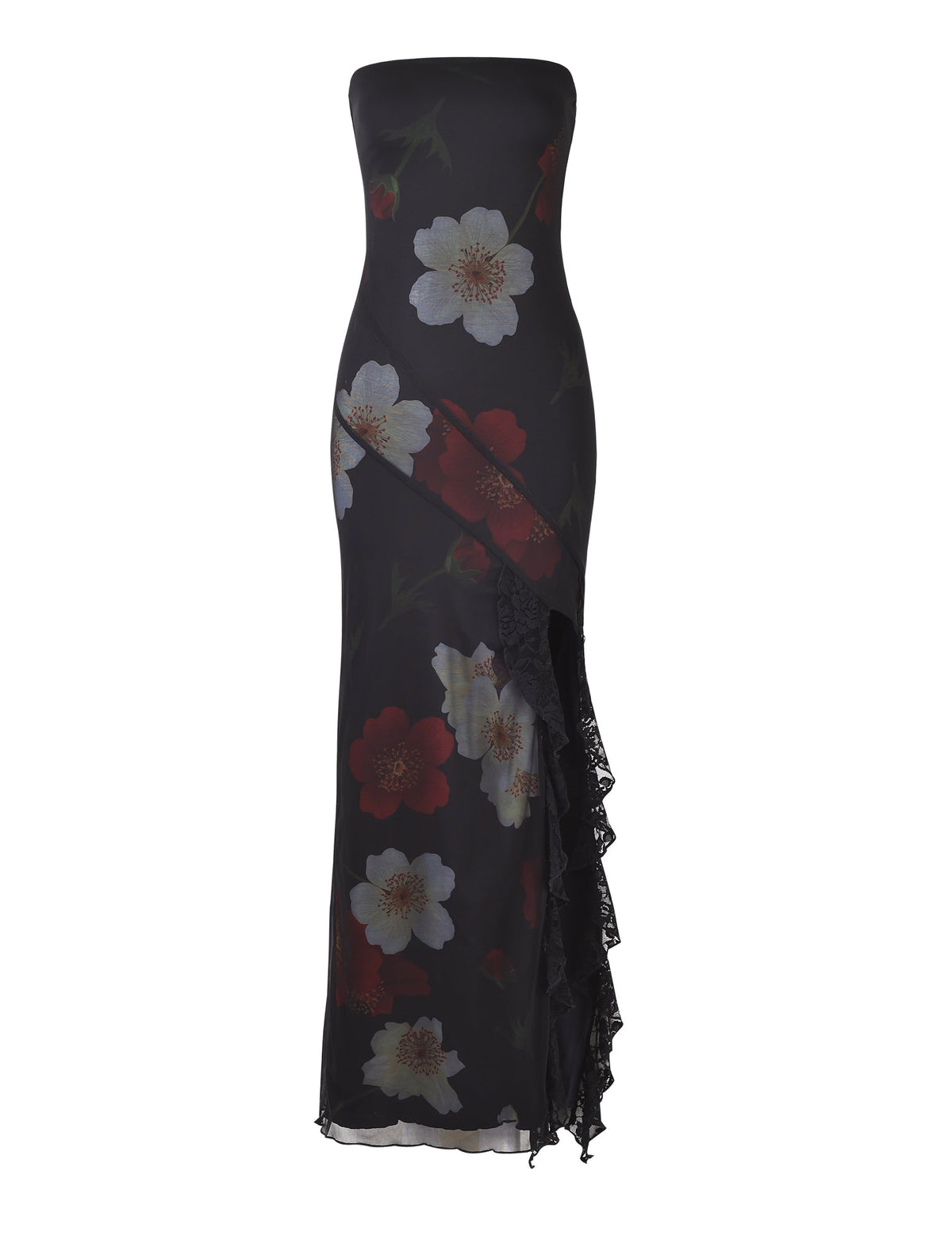 Strapless Floral Mesh Lace Trim High Slit Bodycon Maxi Dress 7
