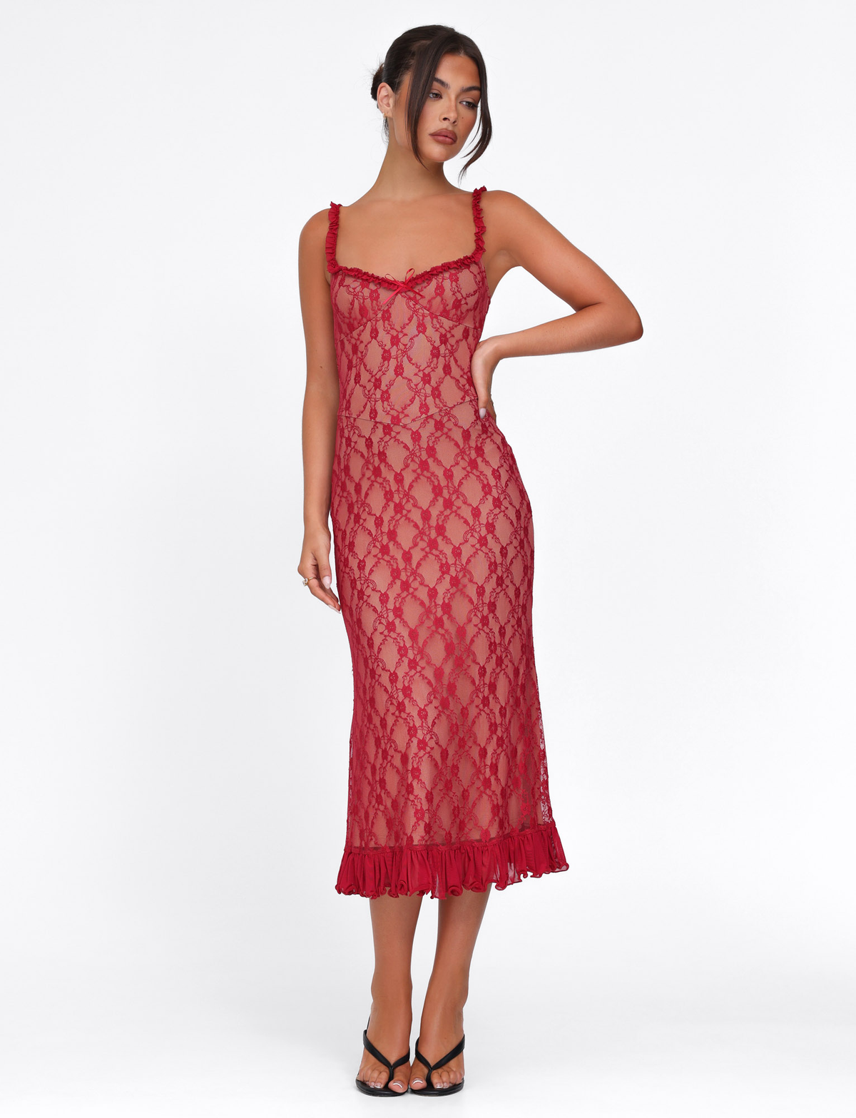 Scoop Neck Ruffle Trim Lace Bow Detail Pleated Ruffle Hem Midi Dress 2