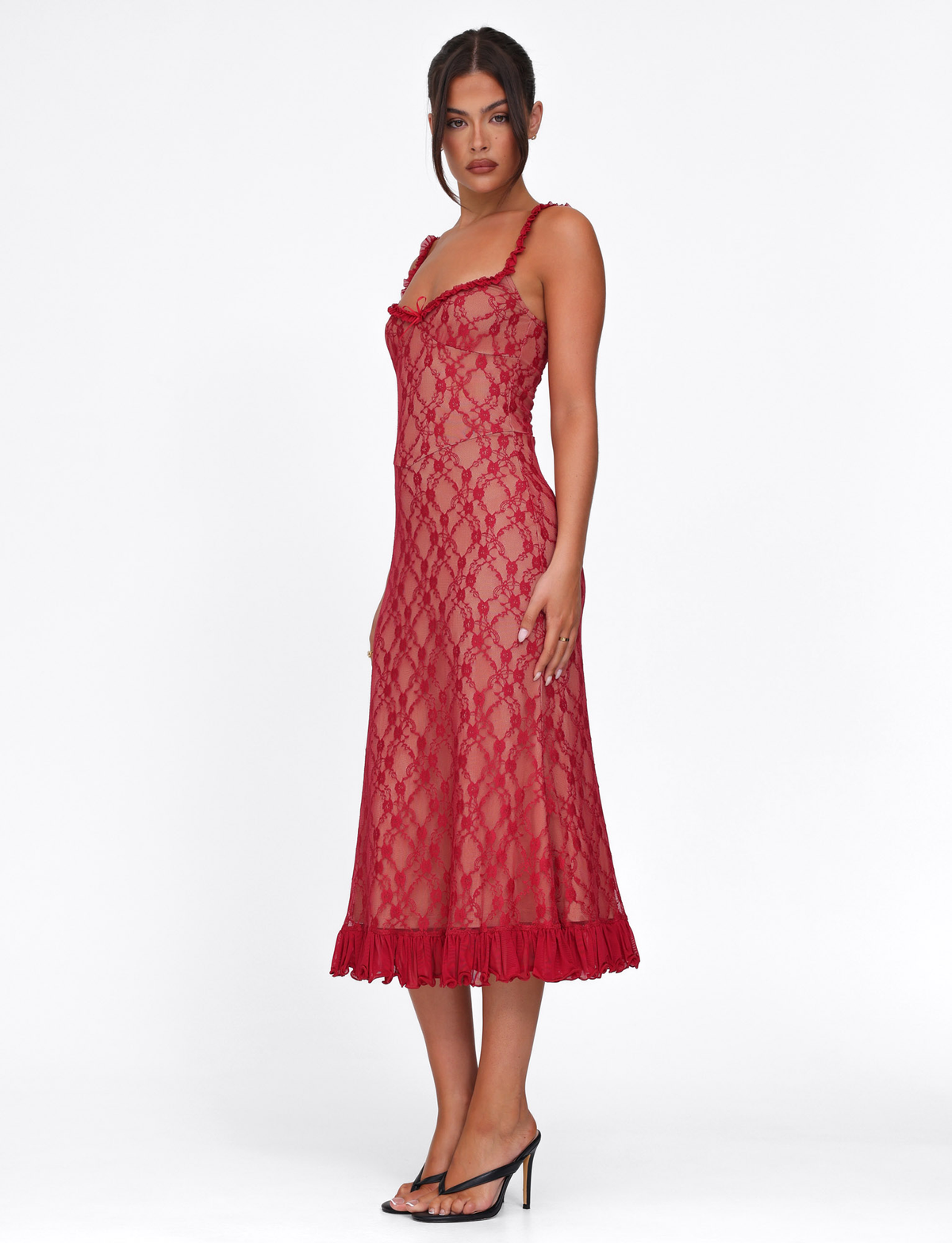 Scoop Neck Ruffle Trim Lace Bow Detail Pleated Ruffle Hem Midi Dress 3