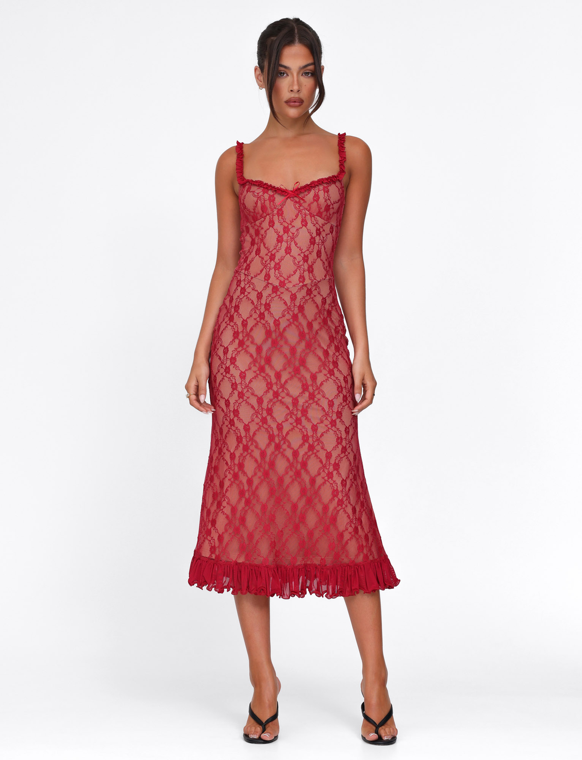 Scoop Neck Ruffle Trim Lace Bow Detail Pleated Ruffle Hem Midi Dress 4
